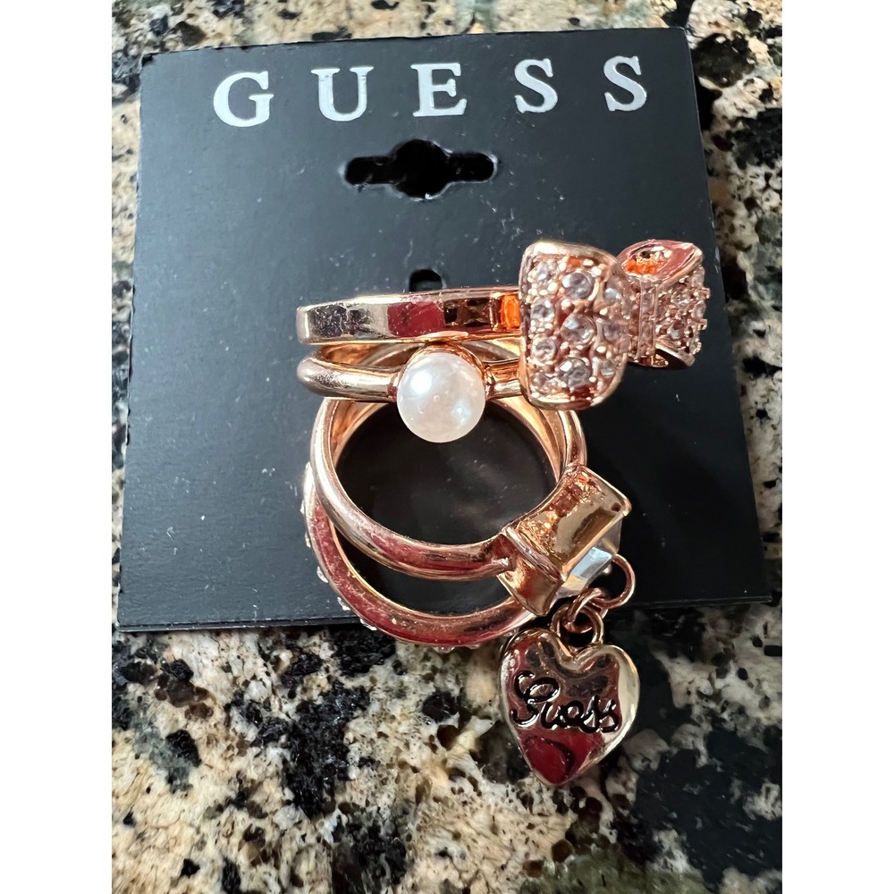 Guess Rose Gold Tone Stackable Ring Set Bow Pearl Heart Charm 3 Piece